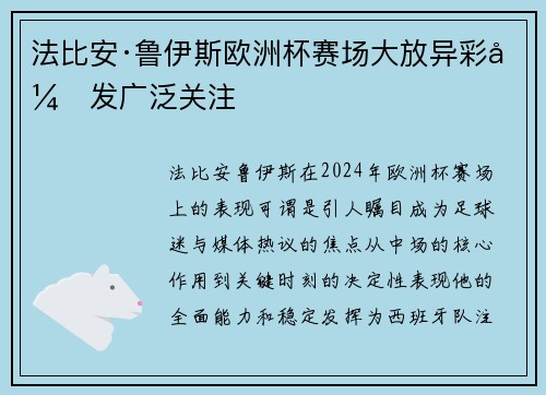 法比安·鲁伊斯欧洲杯赛场大放异彩引发广泛关注